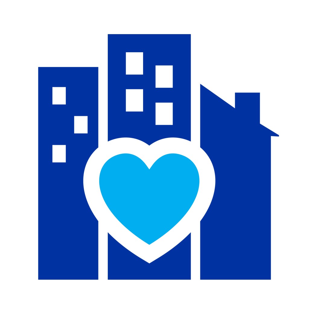 L'engagement de MiTek à abriter l'humanité - Un graphique carré de deux gratte-ciel et d'une maison avec un cœur au centre